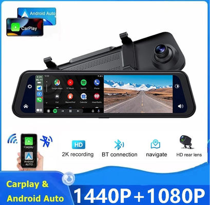 Espejo de doble lente Dashcam Carplay Cámara inversa Auto Wireless Miracast 2K 12 pulgadas